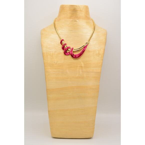 Vintage Collar Necklace Magenta Red Enamel Gold Flex Omega Chain Chunky Bin2C - Picture 7 of 12